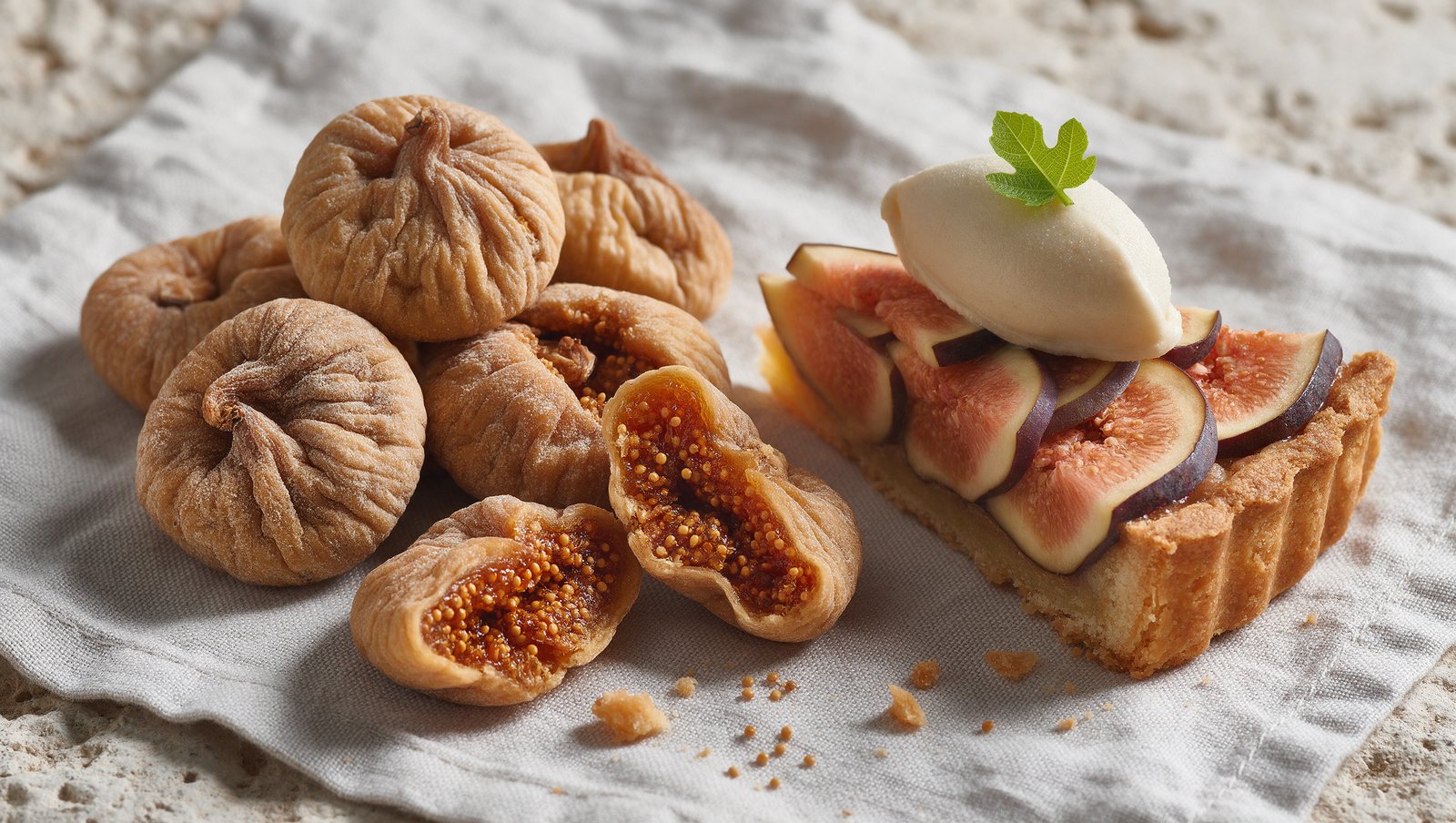 Figos secos turcos inteiros e cortados ao meio, ao lado de uma fatia de torta de figo com gelato