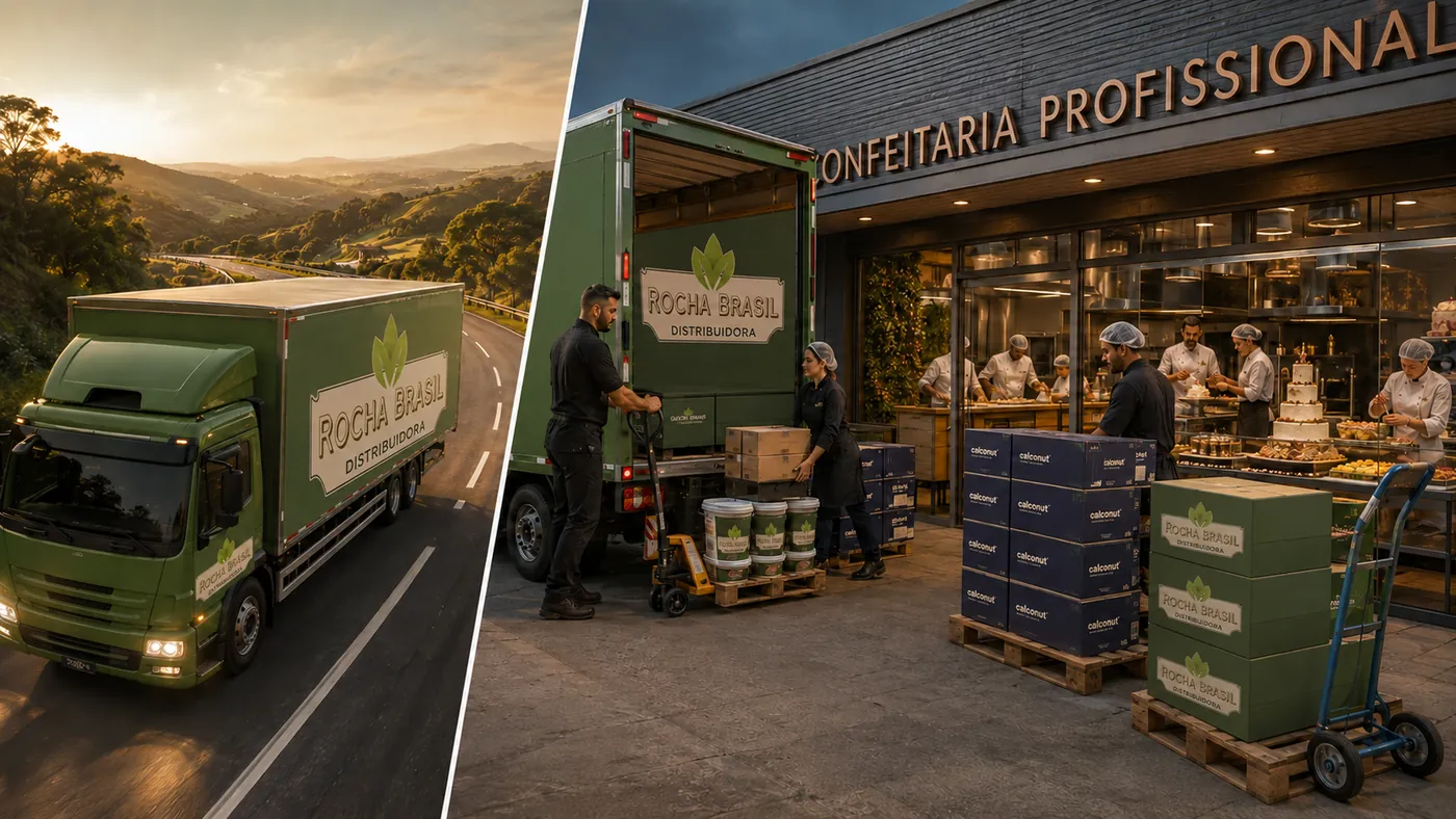 Caminhao da Rocha Brasil entregando insumos importados em uma confeitaria profissional